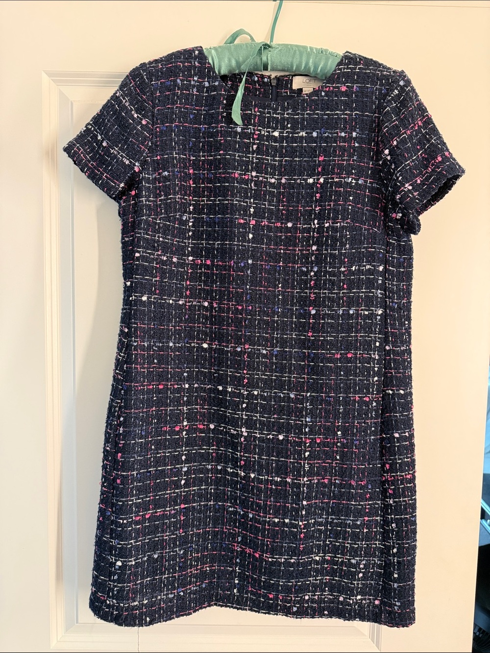 Navy Tweed Shift Dress with Pink & White Threading